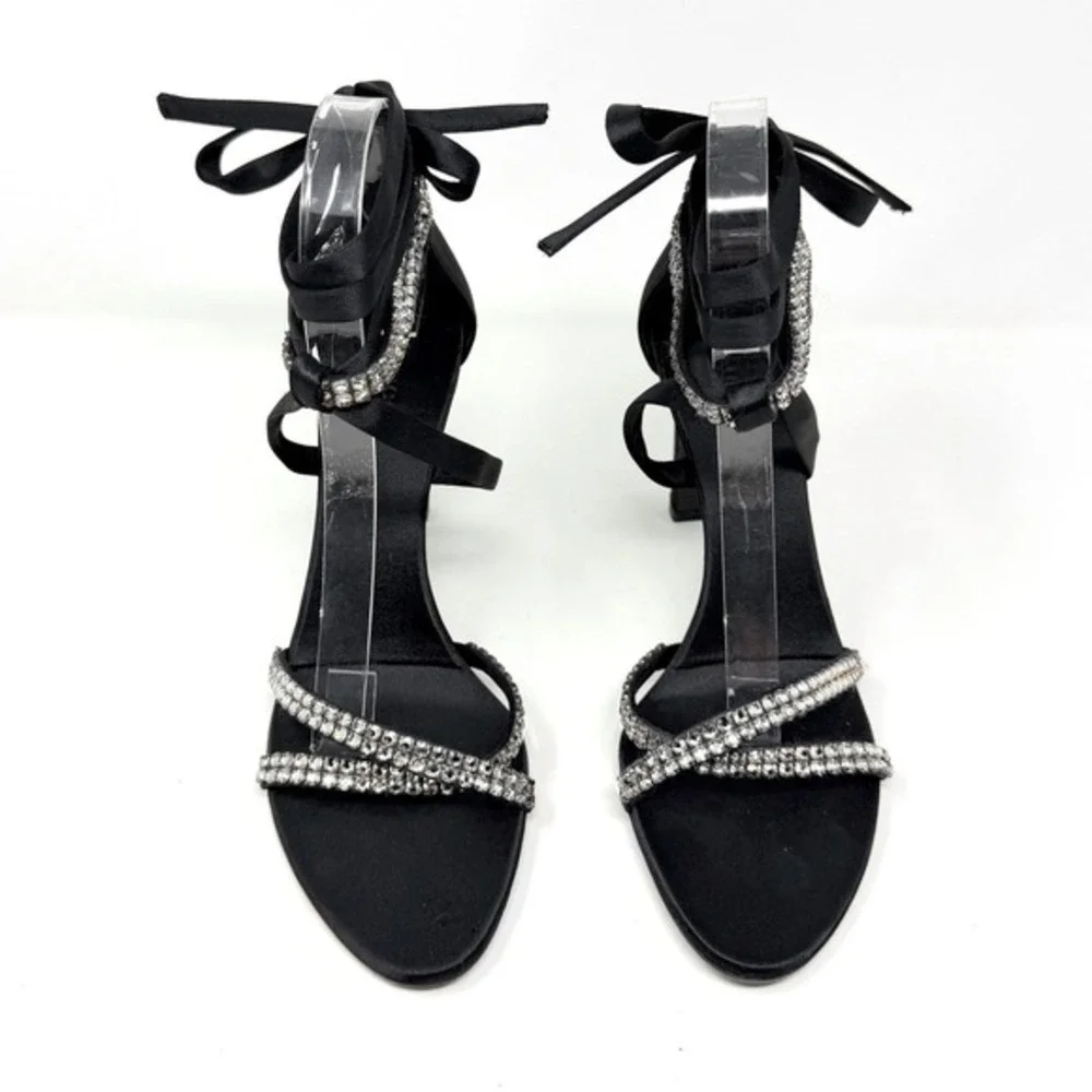 Gucci Black Satin Crystal Heels‎ Strappy Evening Shoes US 8.5